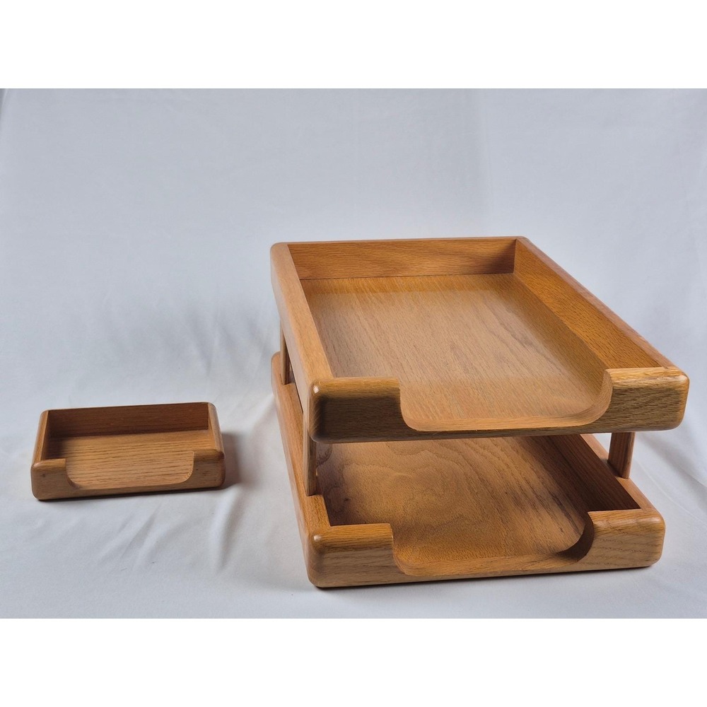 Vintage MCM Solid Oak 2 Tier Letter Tray Note Holder Executive Desk Organizer